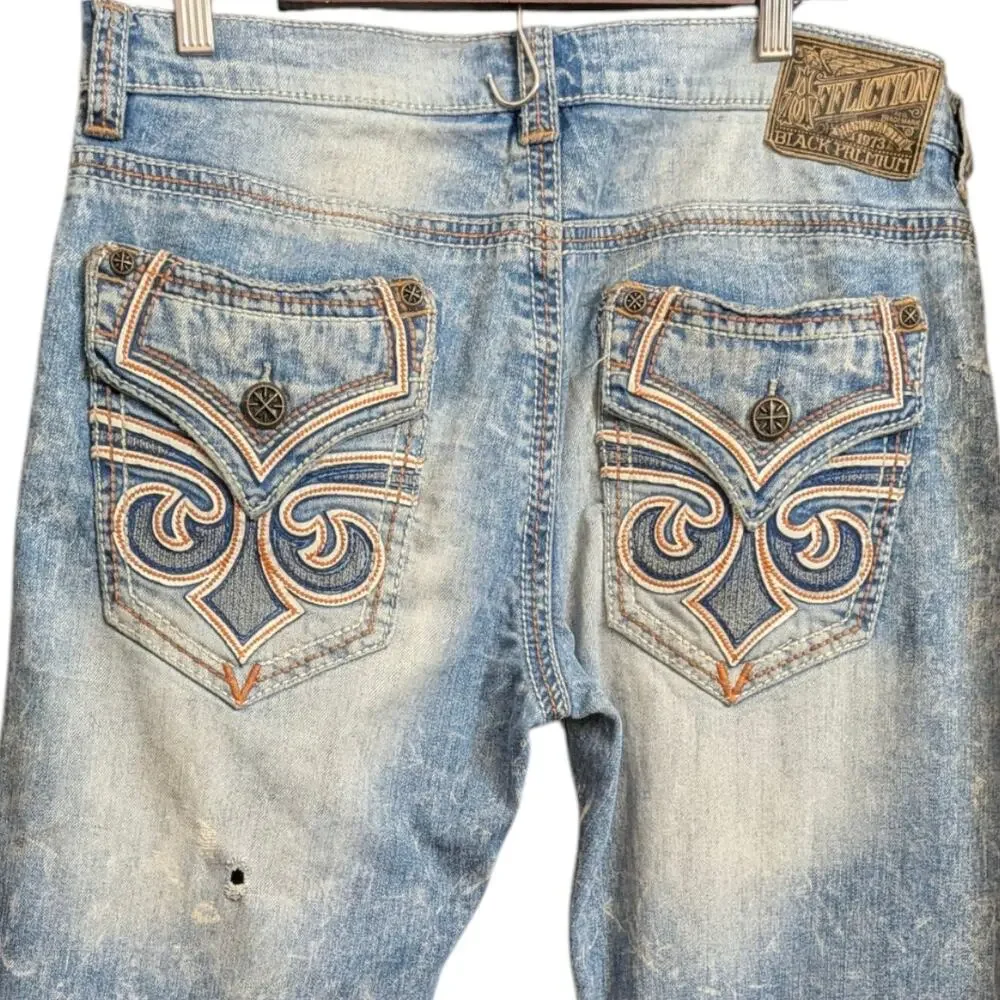 Vintage Affliction Blake Black Premium Jeans Mens 34 Distressed Y2K Straight Leg